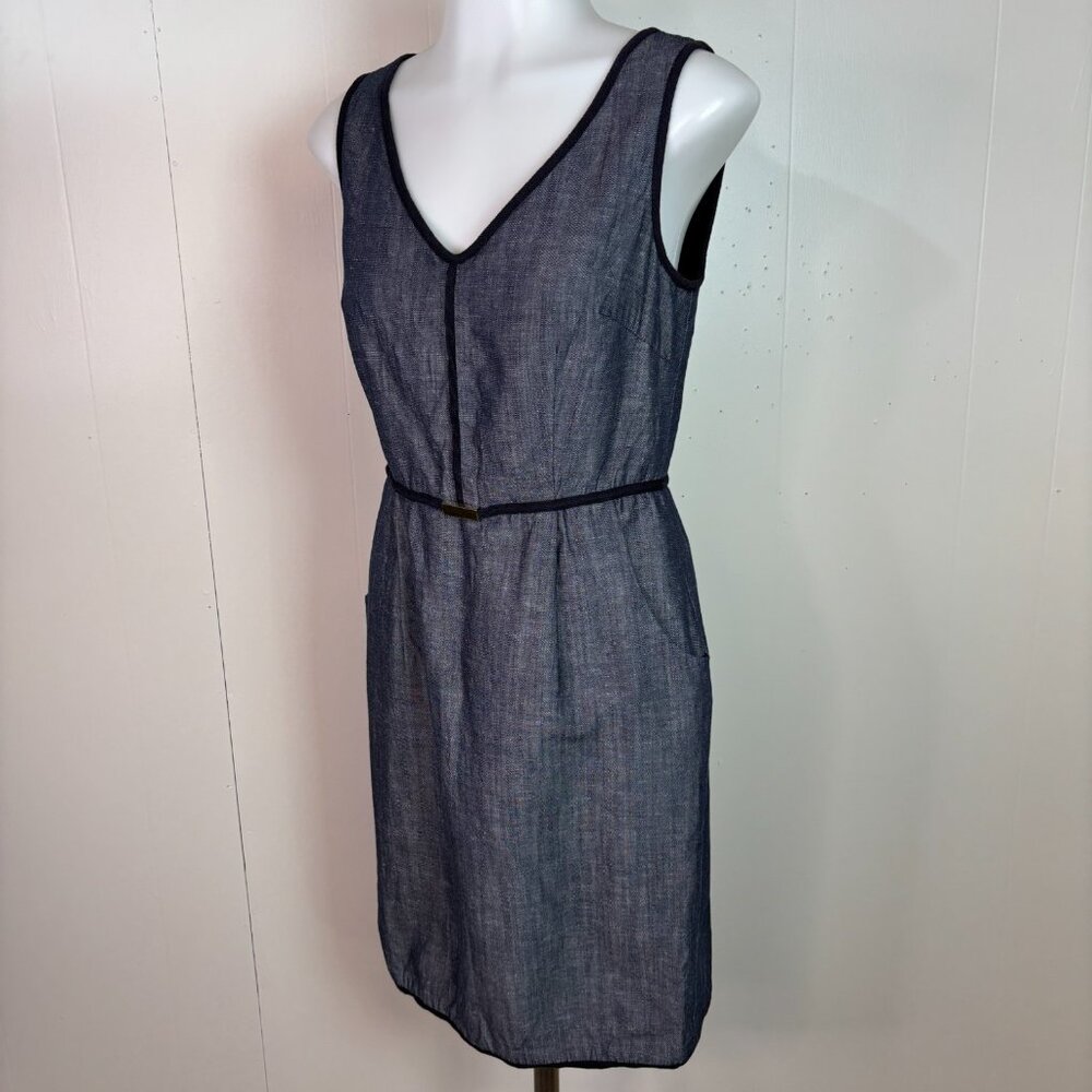 Ann Taylor Sheath Dress 0 Navy Blue Chambray Sleeveless V-Neck Pockets Women's - Picture 3 of 11